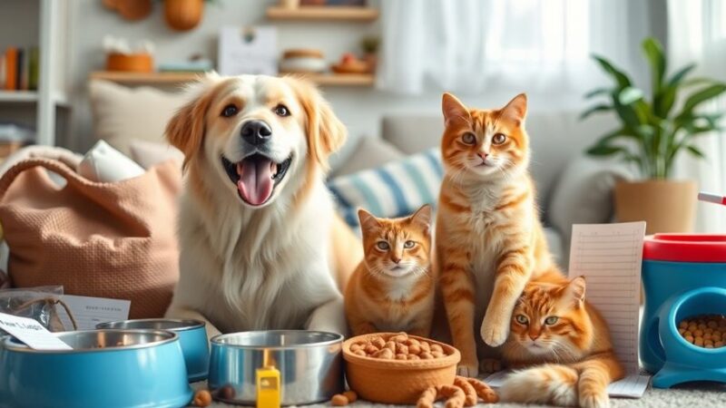 Happy dog and cat with pet supplies and budget planner.