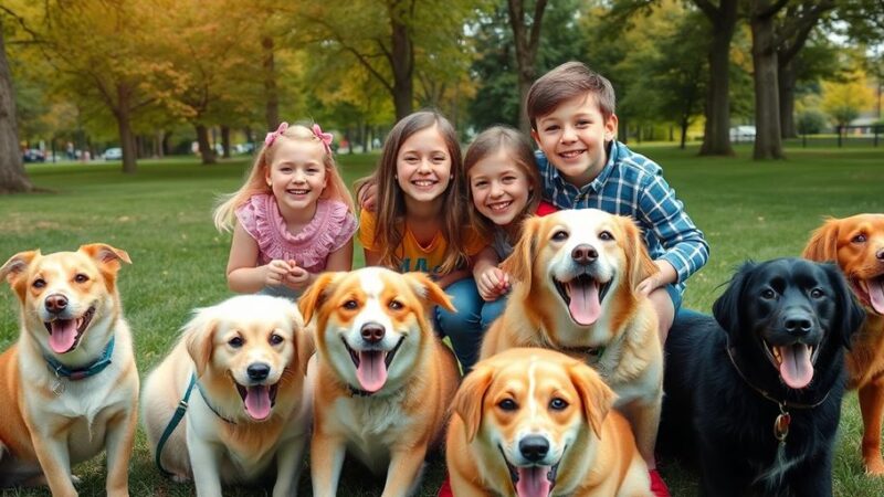 Family enjoying time with friendly dogs in a park.