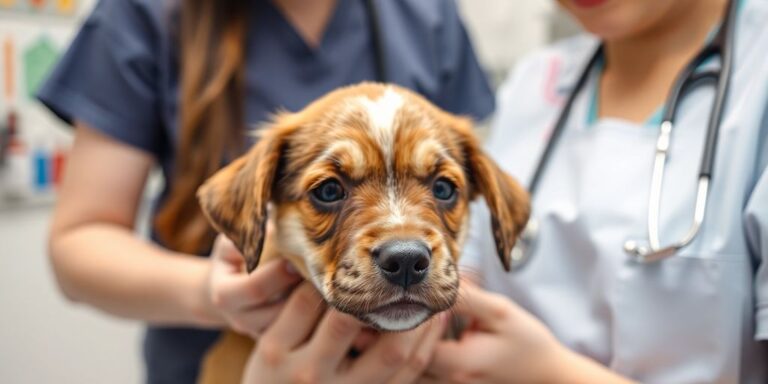 Puppy at vet visit with veterinarian examining it.