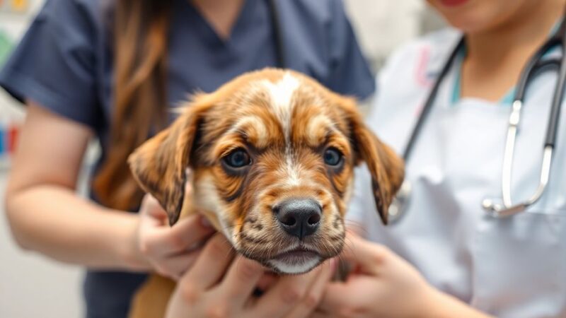 Puppy at vet visit with veterinarian examining it.