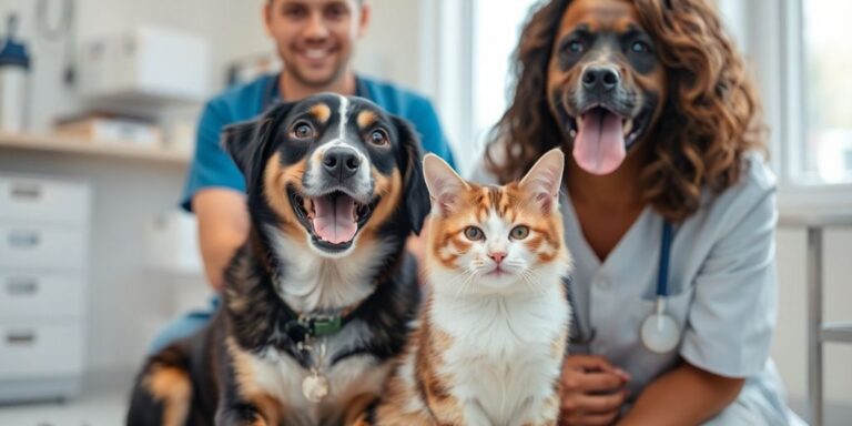 Dog and cat at the vet with a smiling veterinarian.
