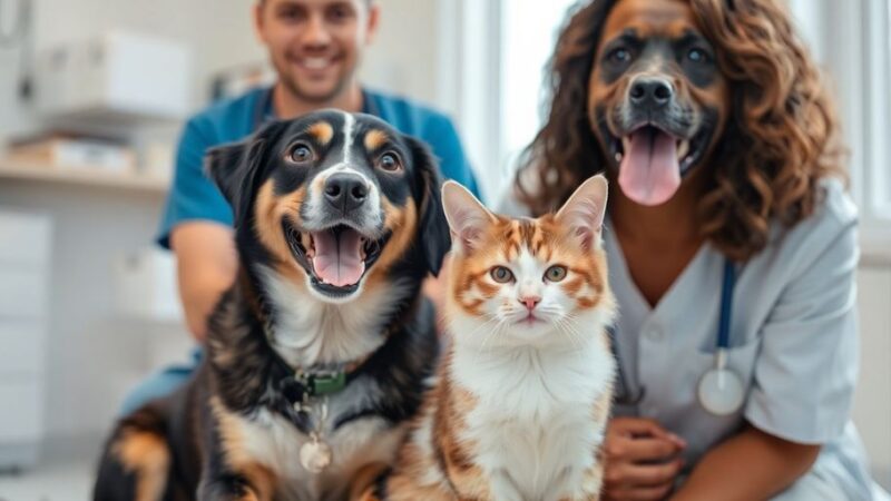 Dog and cat at the vet with a smiling veterinarian.
