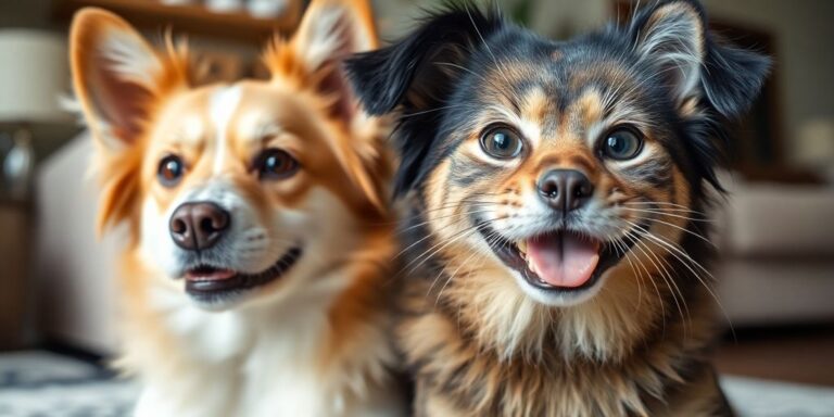 Close-up of a happy dog and cat together.