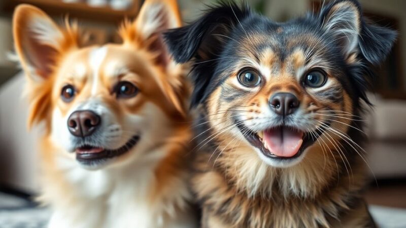 Close-up of a happy dog and cat together.
