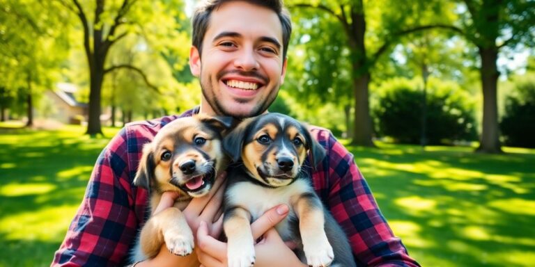 First-time dog owner with a cute puppy in a park.
