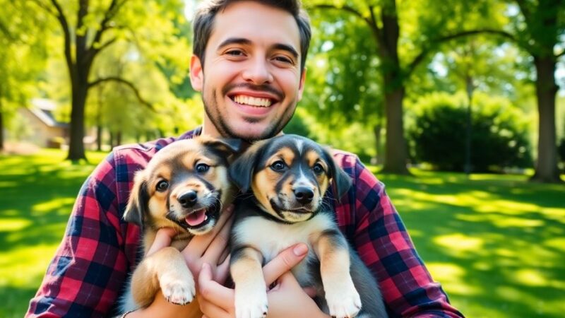 First-time dog owner with a cute puppy in a park.