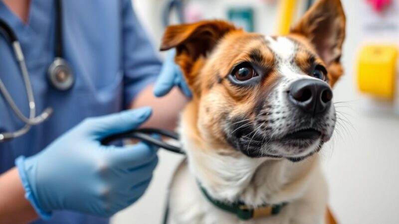 Veterinarian examining a dog with medical supplies around.