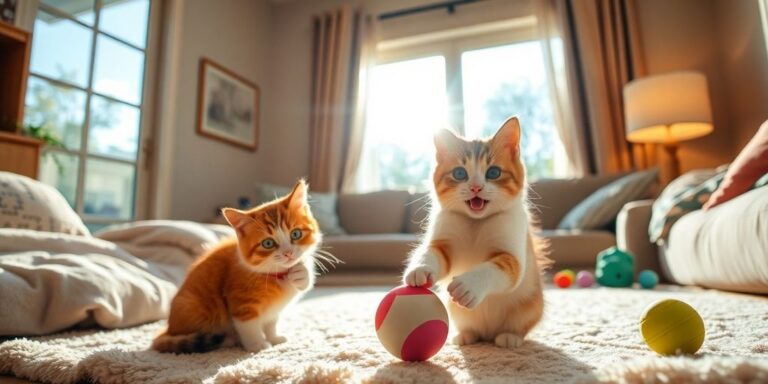 Happy cat playing with a toy in a cozy room.