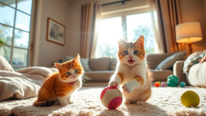 Happy cat playing with a toy in a cozy room.