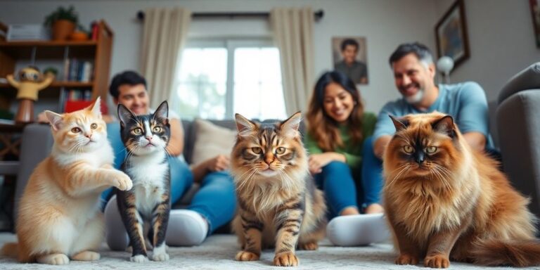Family interacting with friendly cats in a cozy home.
