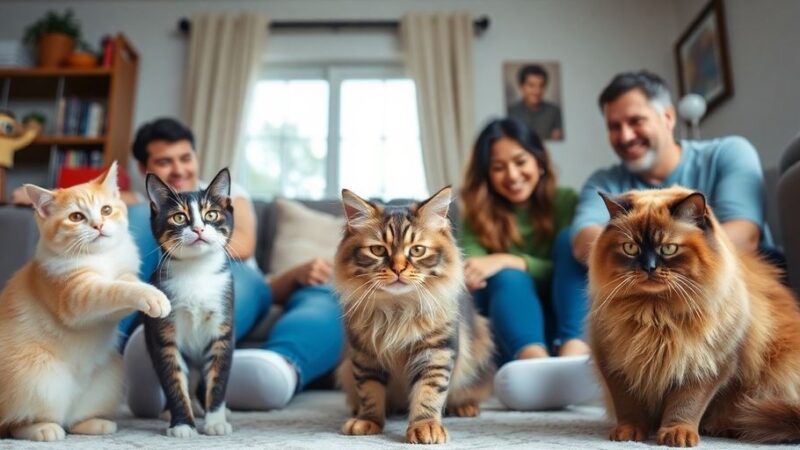 Family interacting with friendly cats in a cozy home.