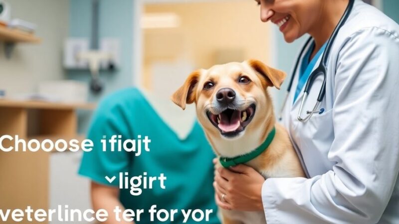 Veterinarian examining a happy dog in a clinic.
