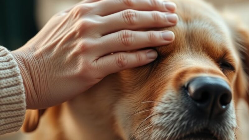 Owner gently caressing old dog's head