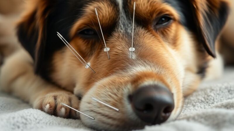 Acupuncture needles in a dog's back.