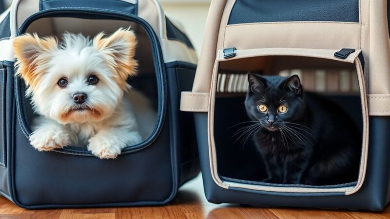 Small dog and cat in pet carriers.