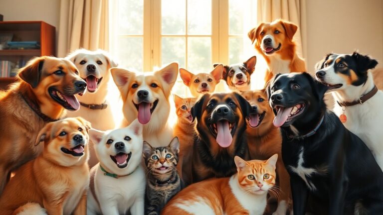 A large group of happy dogs and two cats posing together.