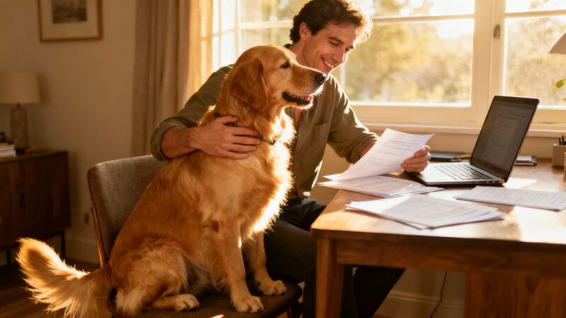 Owner and dog reviewing pet insurance documents together