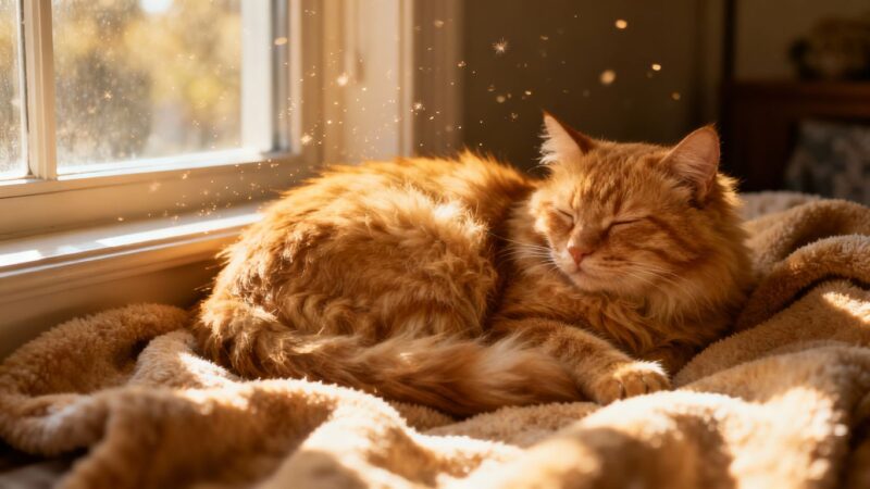 Cozy cat sleeping on a warm blanket indoors.