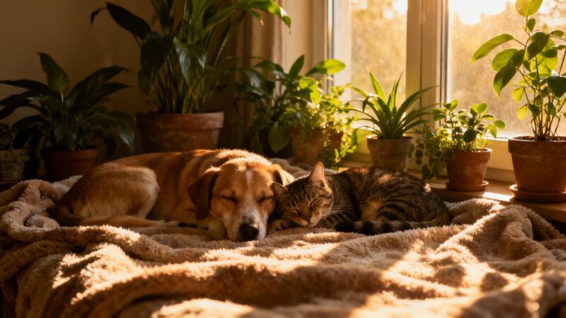 Dog and cat relaxing on blanket with plants nearby