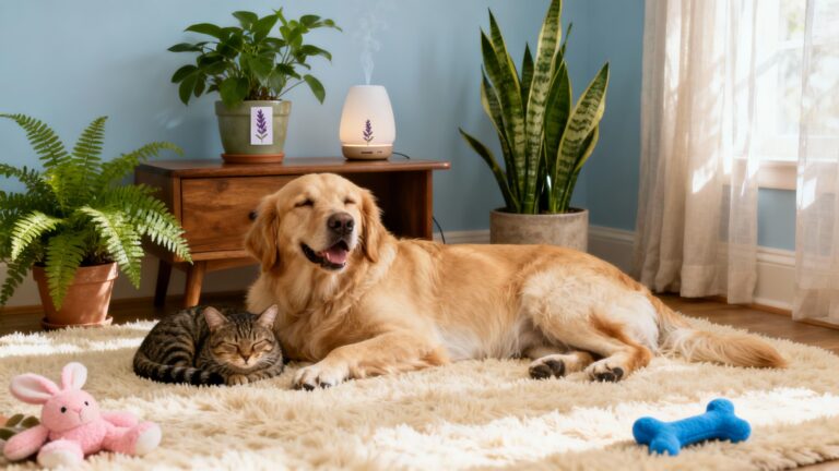 Dog and cat relaxing in a calming, holistic home setting