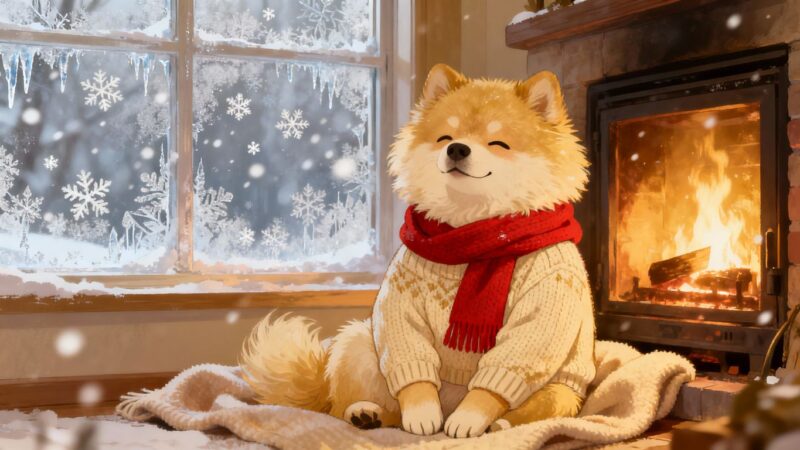 Dog in winter sweater by fireplace.