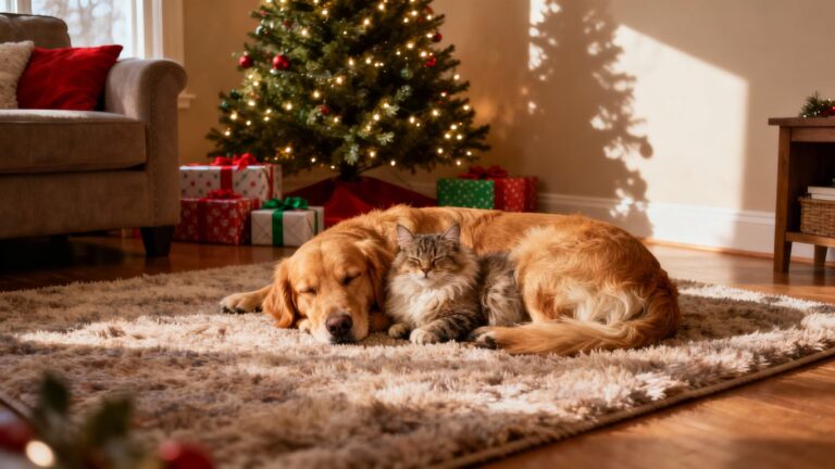 Holiday scene with pets and Christmas decorations.