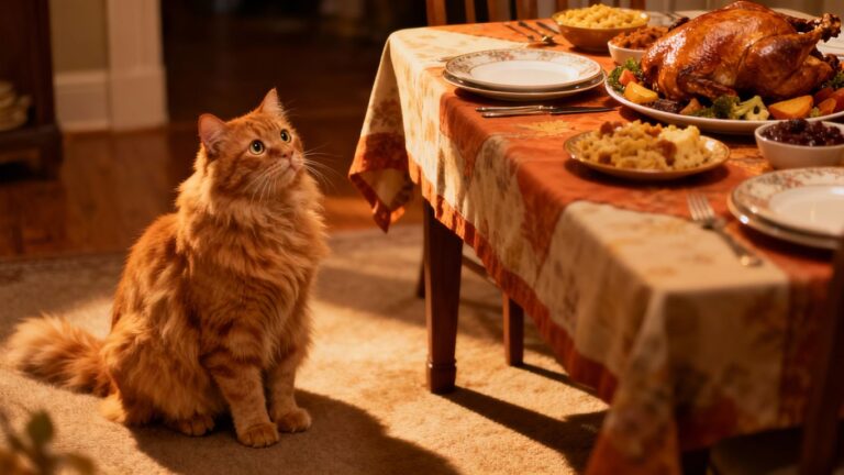 Cat eyeing Thanksgiving dinner on a table.