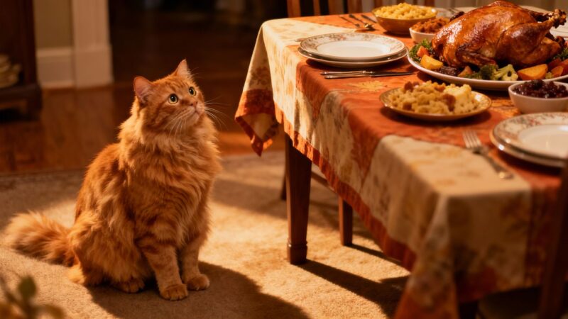 Cat eyeing Thanksgiving dinner on a table.
