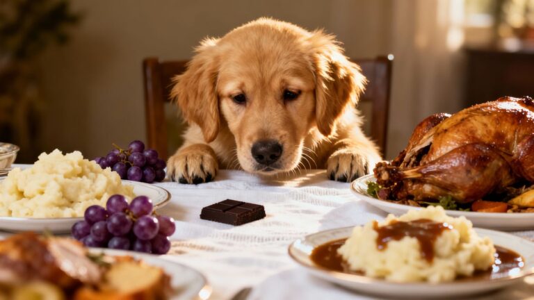 Dog looking at Thanksgiving food, with toxic items nearby.