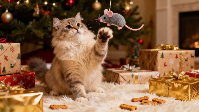 Cat playing with Christmas toys and treats