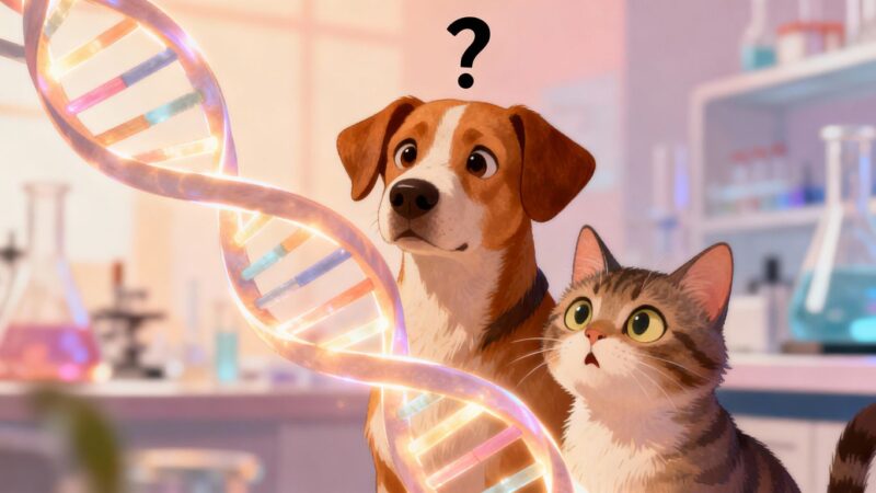 Dog and cat looking at DNA helix, surprised.