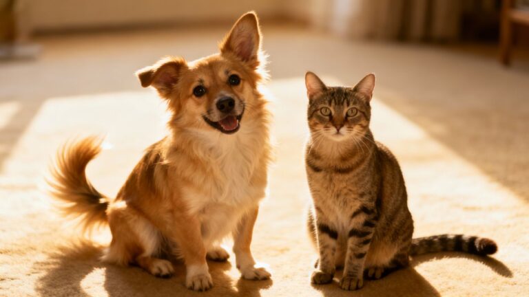 Dog and cat looking at the camera.