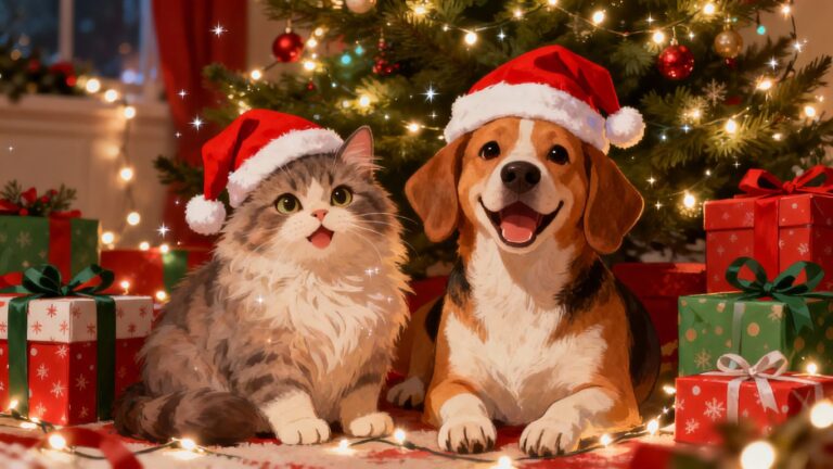 Cats and dogs in Santa hats with Christmas tree.