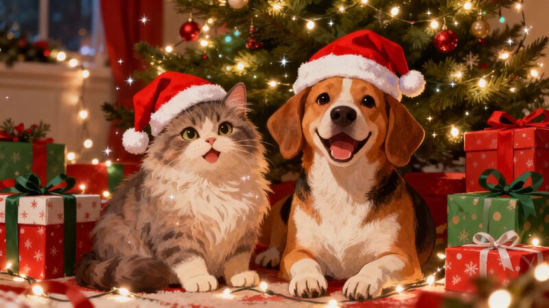 Cats and dogs in Santa hats with Christmas tree.