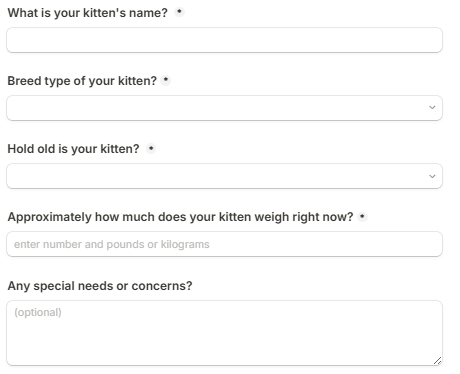 Screenshot of Petcare Advisor custom kitten care plan form asking for kitten’s breed, age, weight, special needs and email address