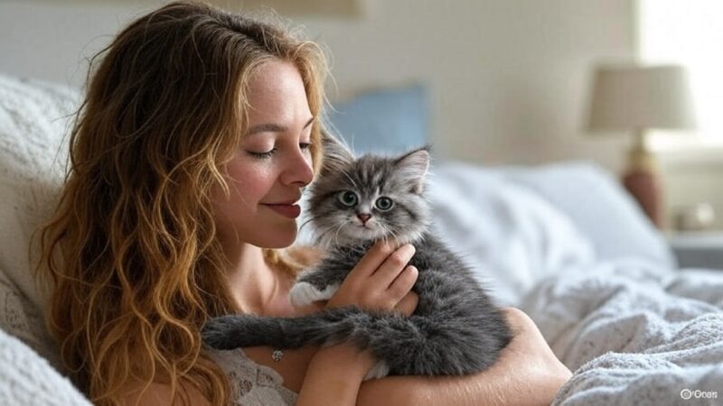 Smiling woman cuddling a gray kitten on a bed, showing everyday kitten care at home.
