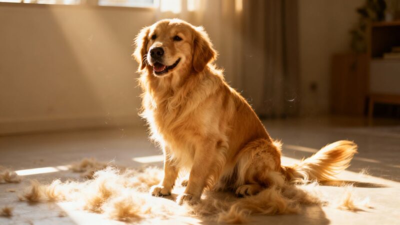 Golden Retriever shedding fur on the floor