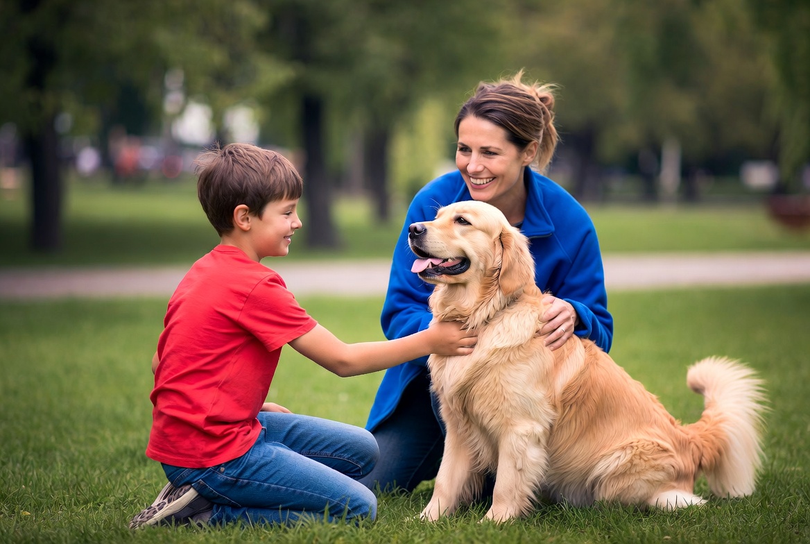 Golden Retriever sitting in a park with its owner