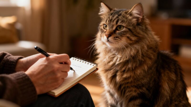 Cat and human planning New Year's resolutions together.