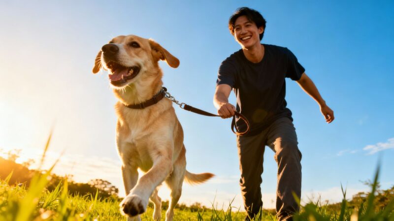 Owner and dog enjoying a walk together outdoors.